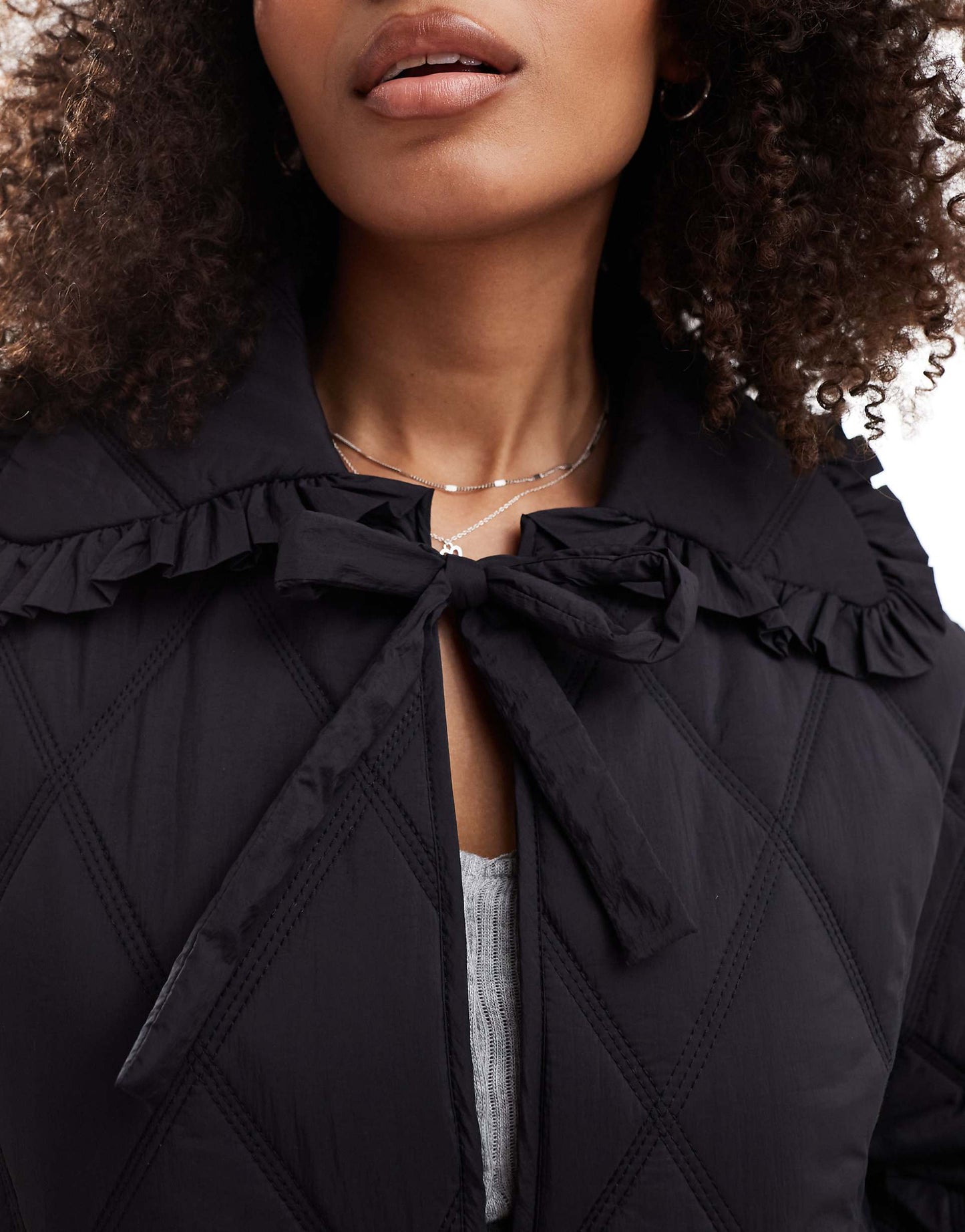 Quilted Frill Collar Jacket With Tie Front