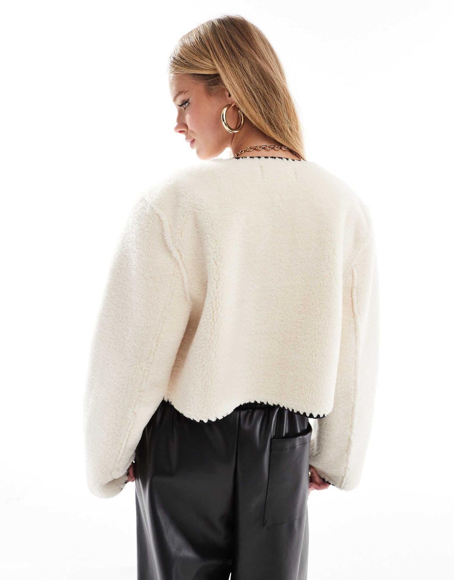 Bonded Borg Collarless Jacket With Contrast Stitch