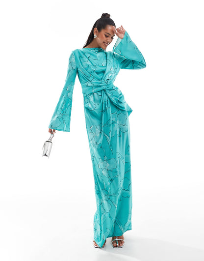 Twist Front Fluted Sleeve Maxi Dress