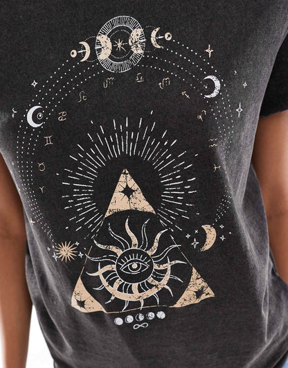 Acid Wash Celestial Print T-Shirt