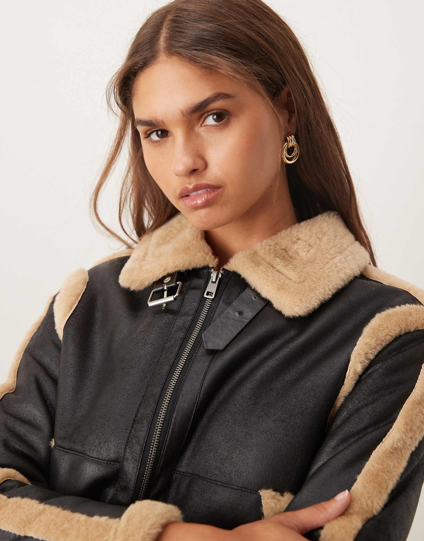 Black Contrast Shearling Aviator Coat