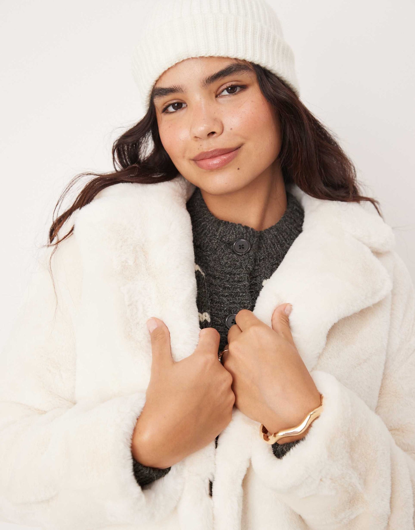 Cosy Faux Fur Cream Dressing Gown Coat