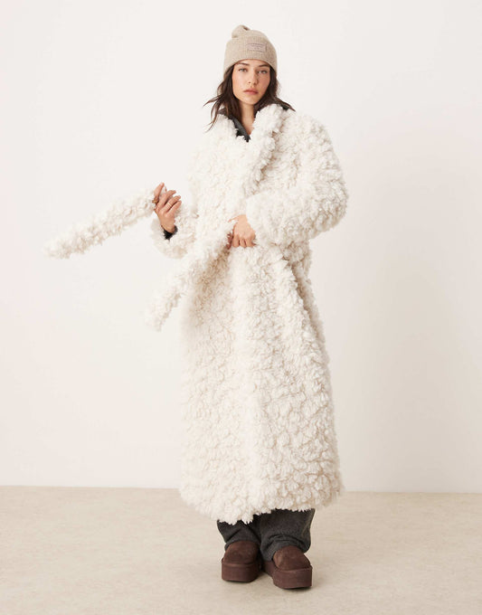 Cream Cloud Faux Fur Coat With Robe Tie