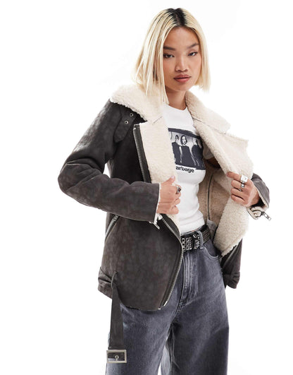 Buckle Collar Detail Cream Brown Aviator Coat