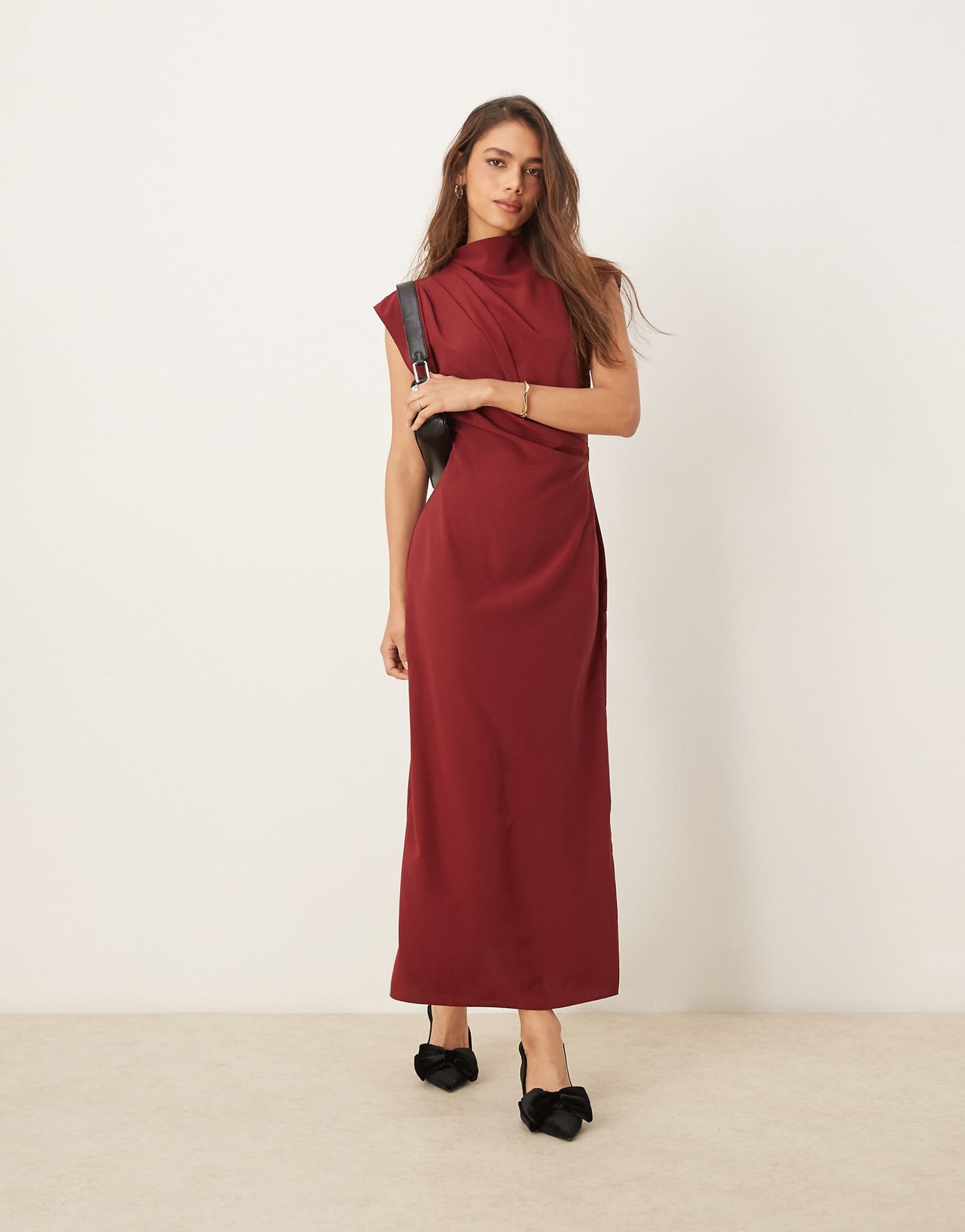 High Neck Sleeveless Midi Dress With Draped Neck
