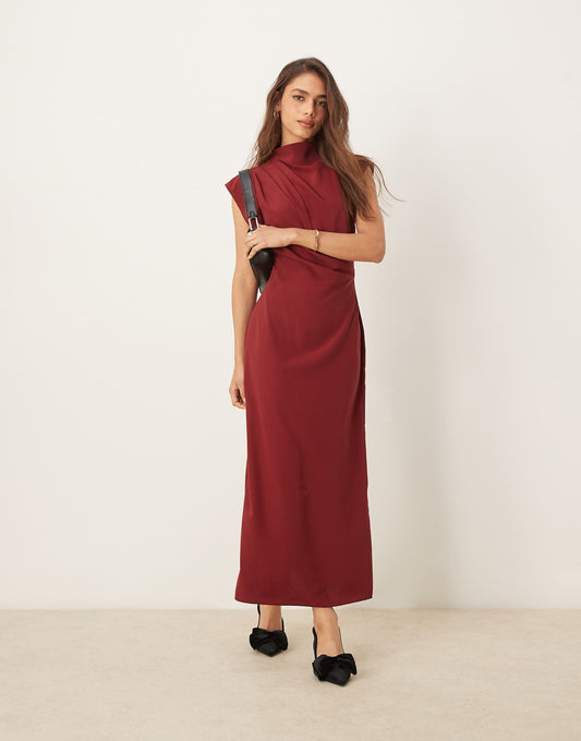 High Neck Sleeveless Midi Dress With Draped Neck