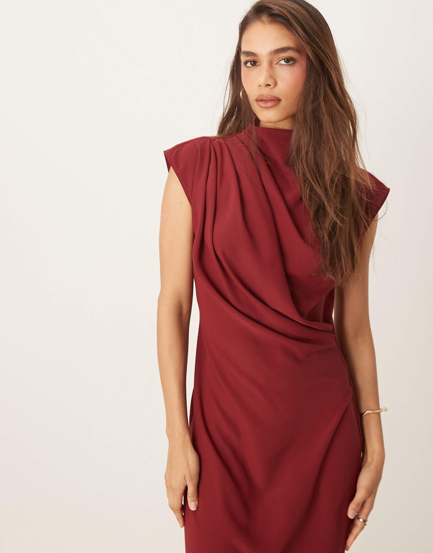High Neck Sleeveless Midi Dress With Draped Neck