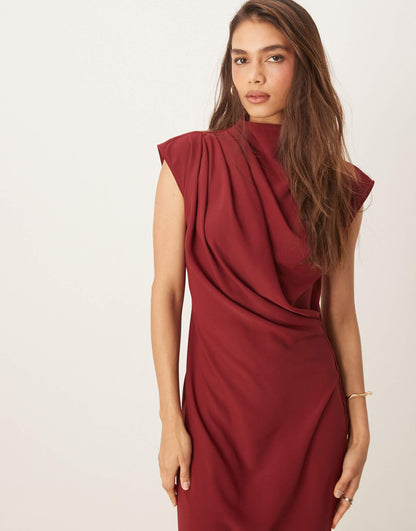 High Neck Sleeveless Midi Dress With Draped Neck
