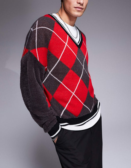 Oversized Knitted Crew Neck Jumper With Argyle Pattern