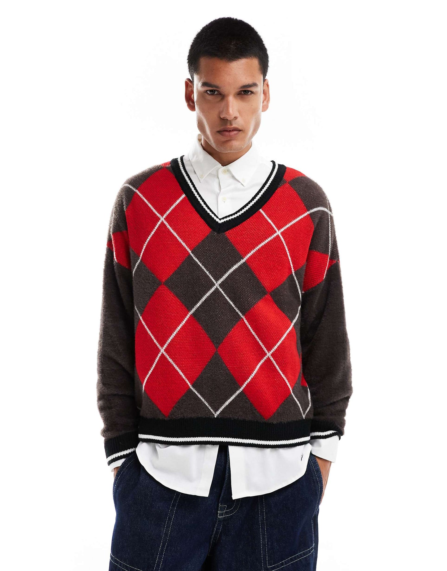 Oversized Knitted Crew Neck Jumper With Argyle Pattern