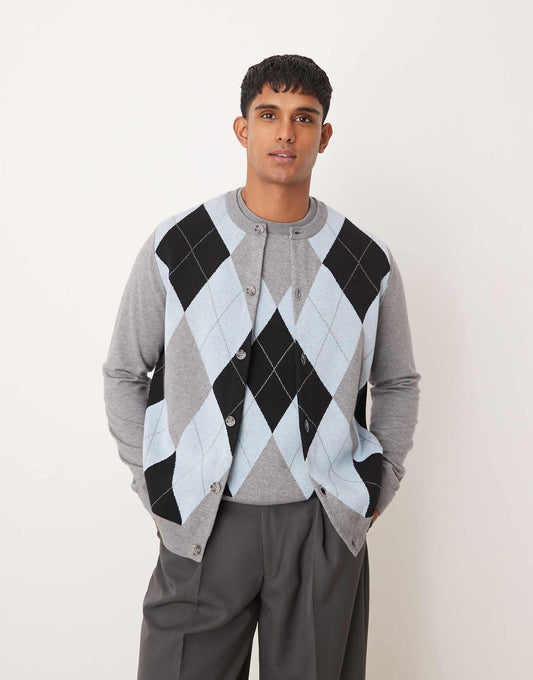 Co-Ord Knitted Crew Neck Cardigan With Argyle Pattern