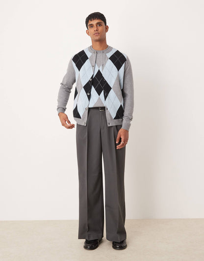 Co-Ord Knitted Crew Neck Cardigan With Argyle Pattern