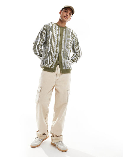 Relaxed Cable Knit Crew Neck Cardigan