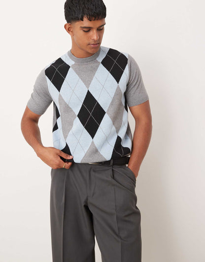 Co-Ord Knitted T-Shirt With Argyle Pattern