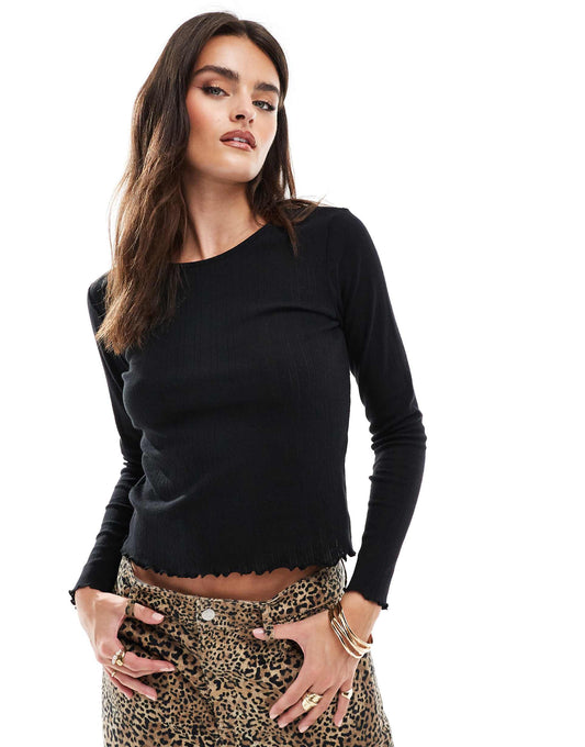 Long Sleeve Lettuce Hem Top With Pointelle