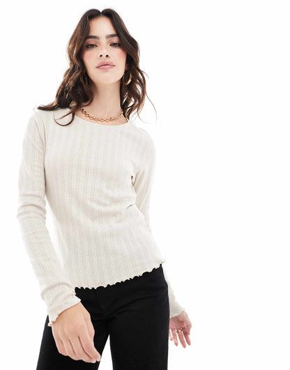 Long Sleeve Lettuce Hem Top With Pointelle