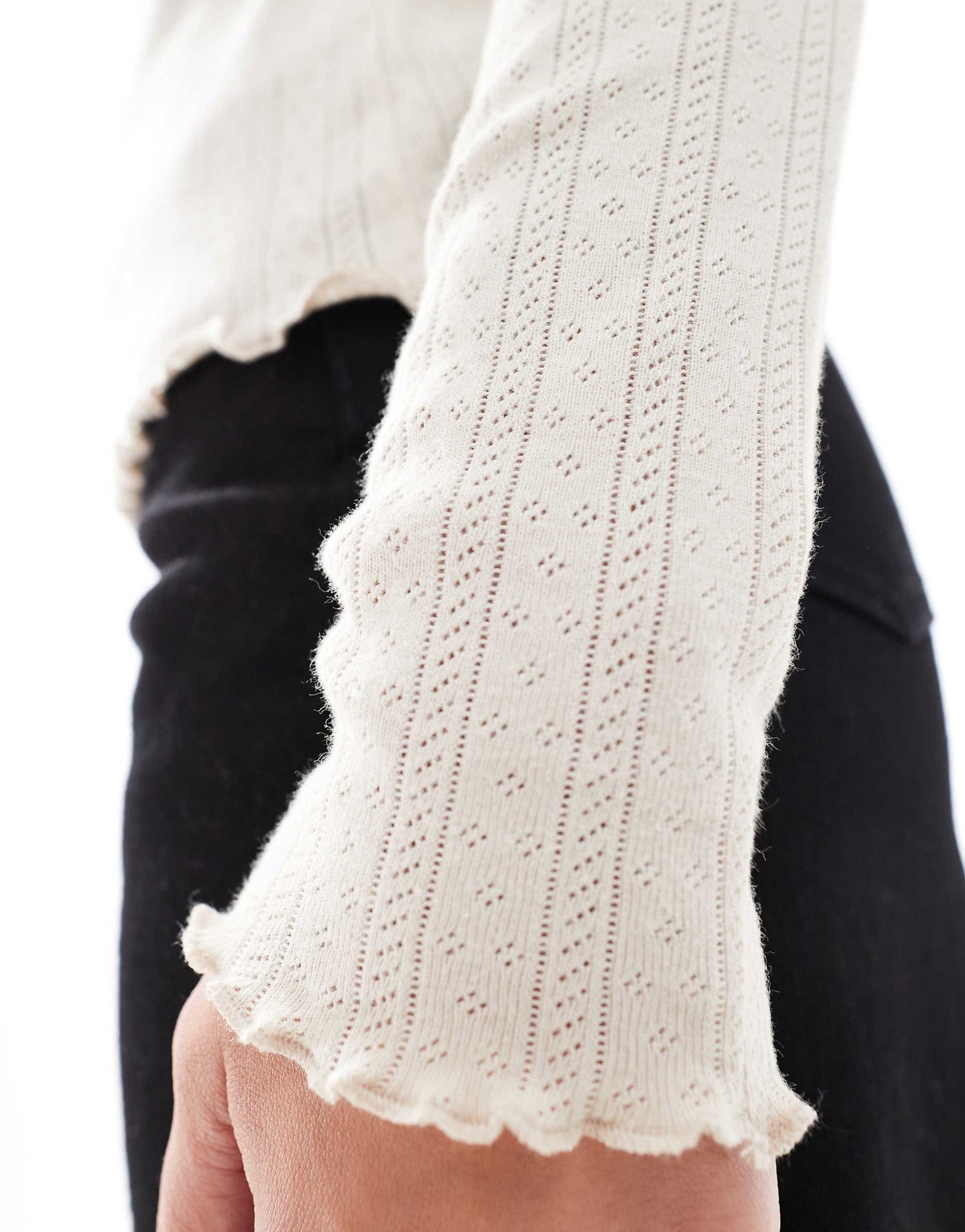 Long Sleeve Lettuce Hem Top With Pointelle