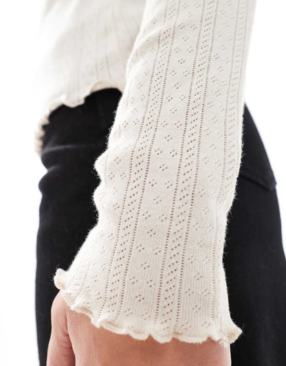 Long Sleeve Lettuce Hem Top With Pointelle