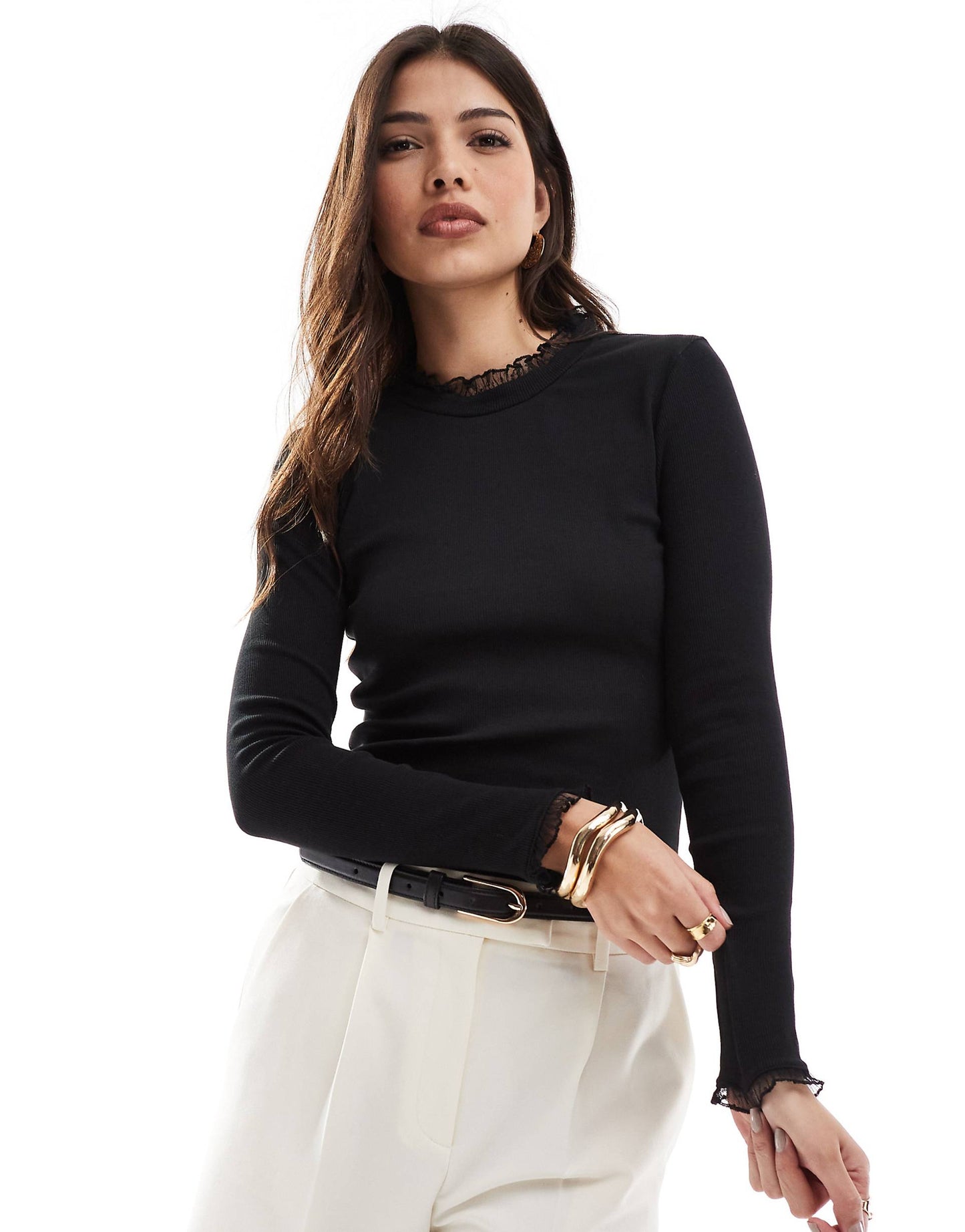 Long Sleeve Ribbed Lace Trim Top