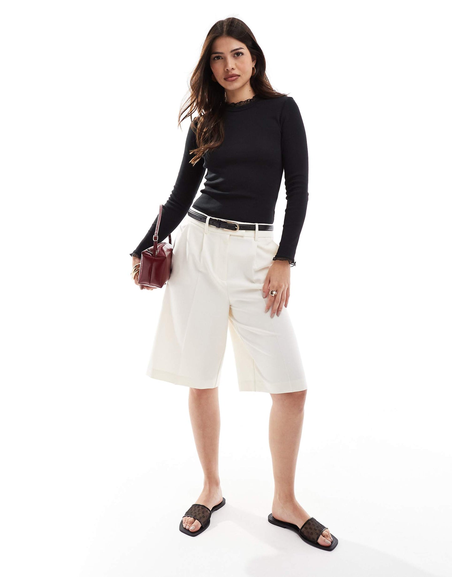 Long Sleeve Ribbed Lace Trim Top