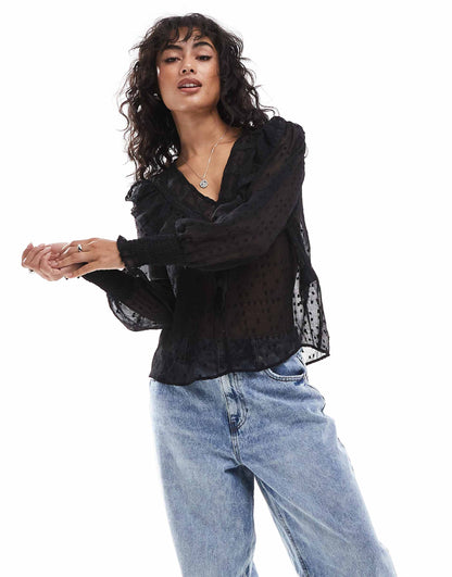 Sheer Textured V-Neck Blouse