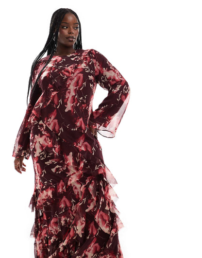Curve Fluted  Long Sleeve Extreme Ruffle Maxi Dress