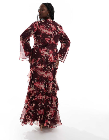 Curve Fluted  Long Sleeve Extreme Ruffle Maxi Dress