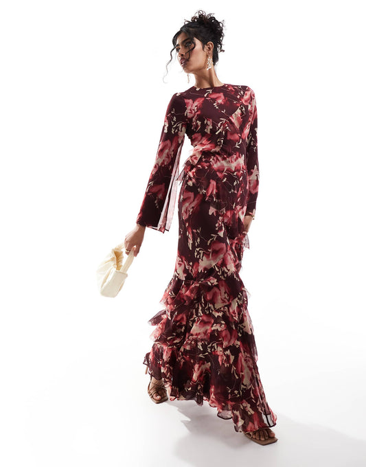 Fluted  Long Sleeve Extreme Ruffle Maxi Dress