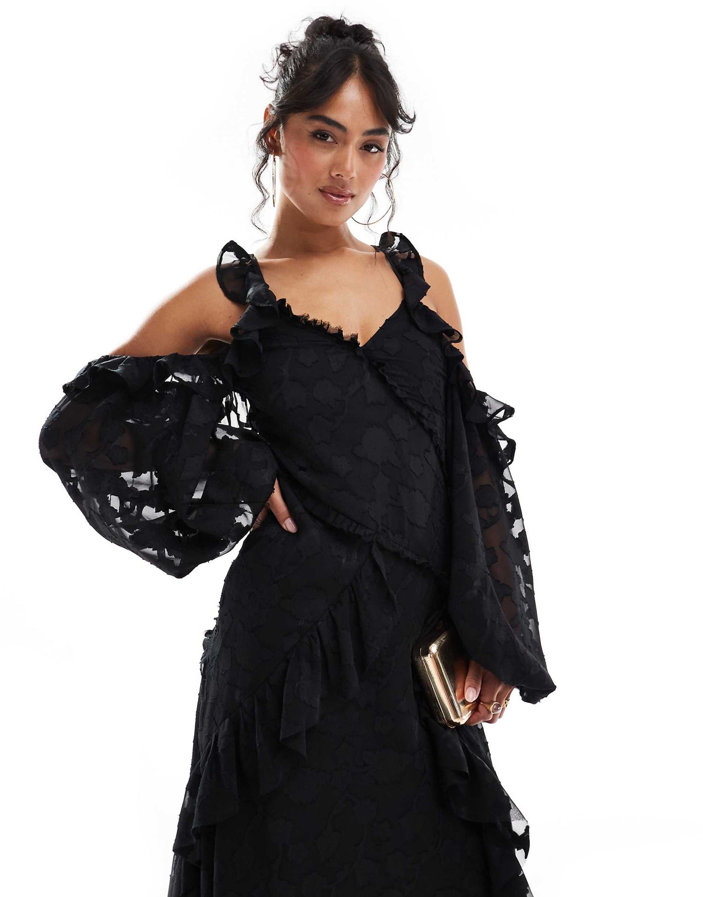 Cross Neck Cold Shoulder Floral Jacquard Maxi Dress With Ruffle Detail
