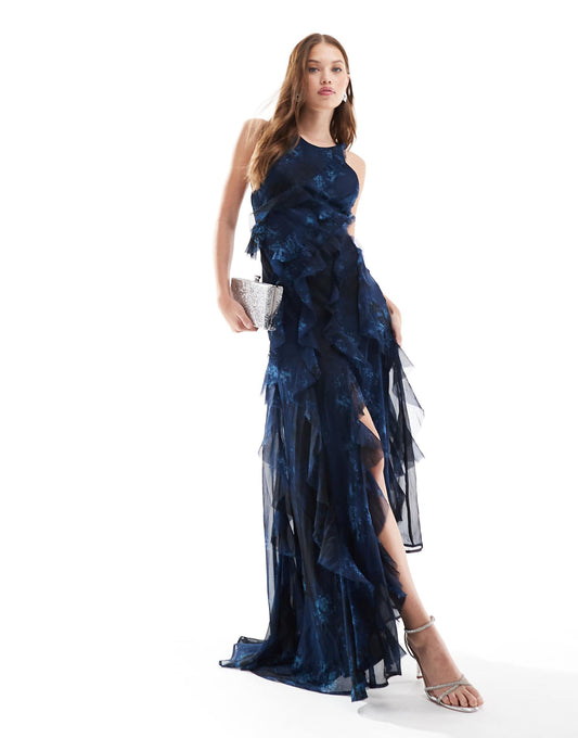 Racer Neckline Ruffle Maxi Dress With Hi Low Hem