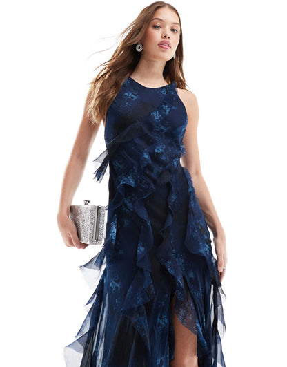 Racer Neckline Ruffle Maxi Dress With Hi Low Hem