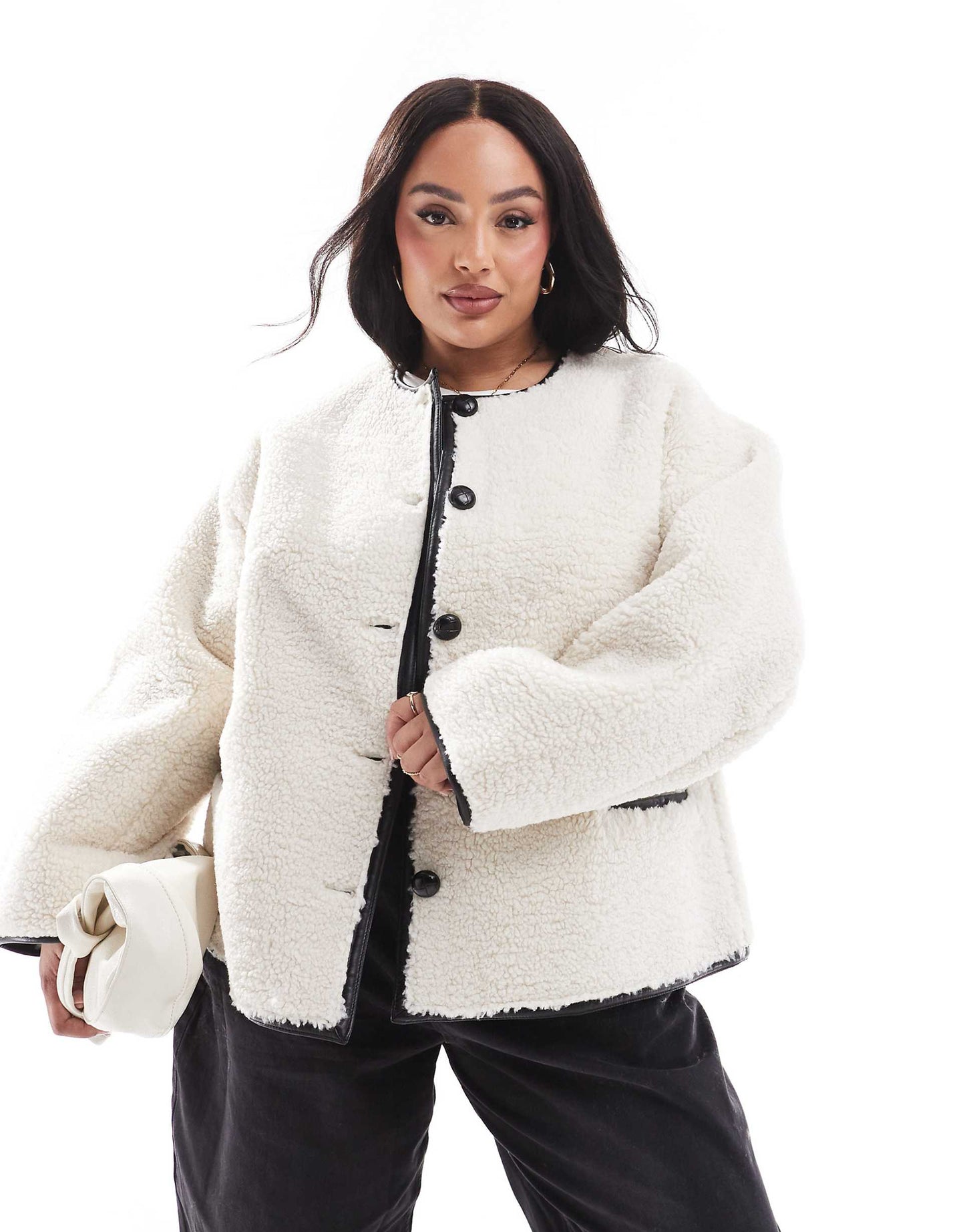 Plus Exclusive Button Detail Faux Shearling Jacket