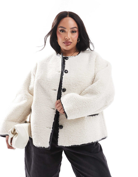 Plus Exclusive Button Detail Faux Shearling Jacket