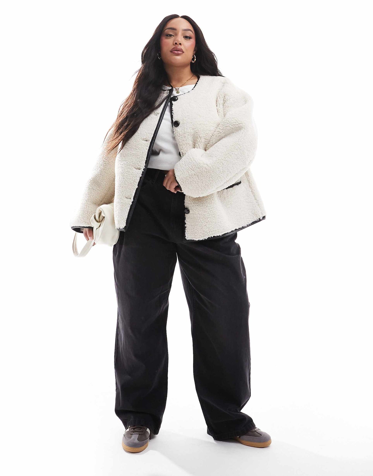 Plus Exclusive Button Detail Faux Shearling Jacket