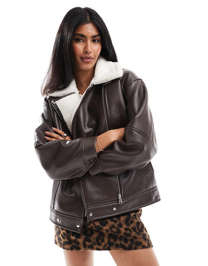 Faux Leather And Shearling Aviator Jacket