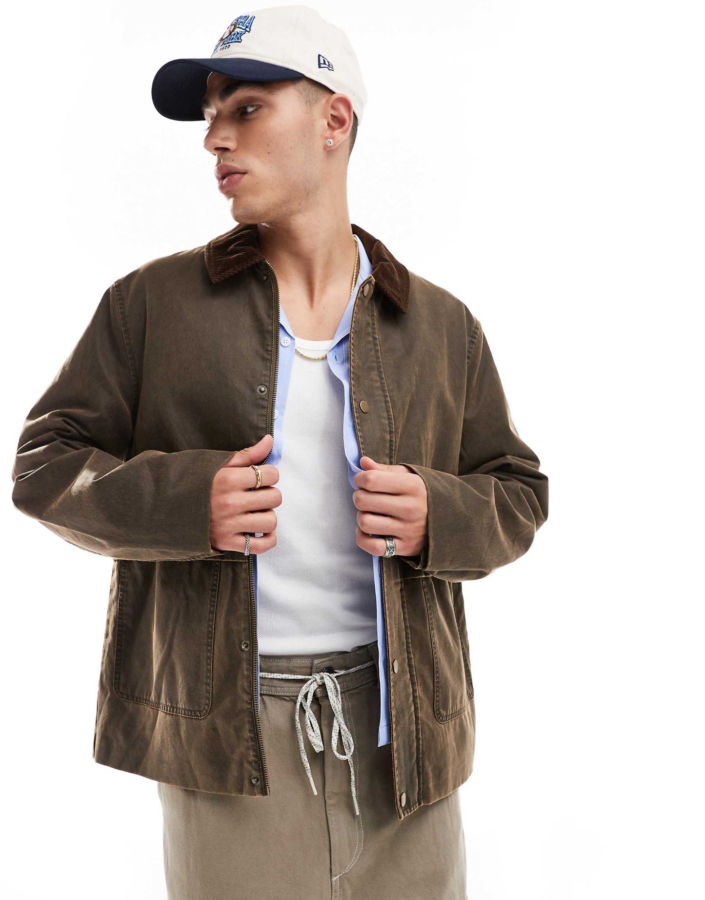 Oversized Washed Harrington Jacket With Cord Collar
