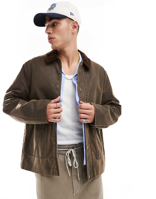 Oversized Washed Harrington Jacket With Cord Collar