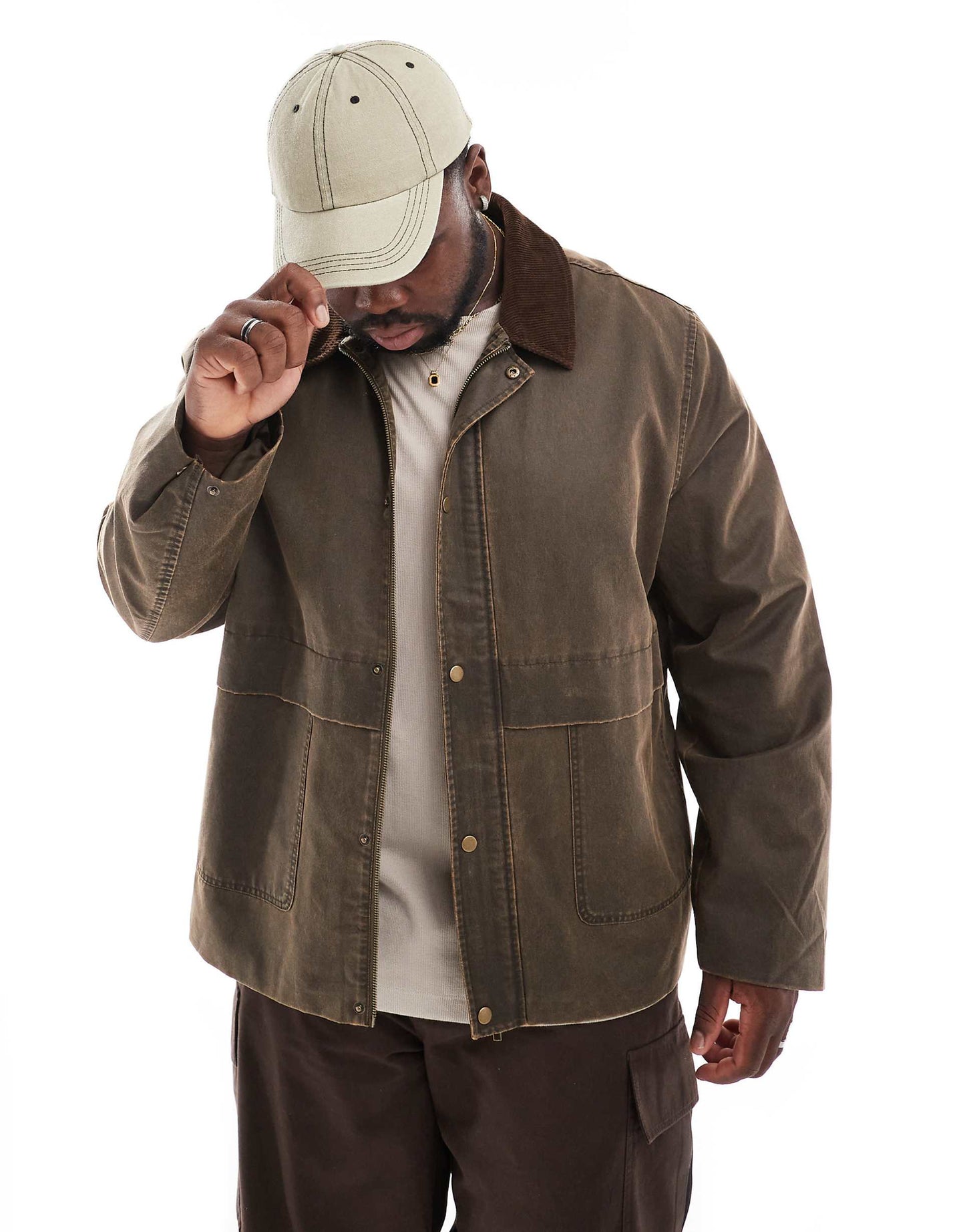 Oversized Washed Harrington Jacket With Cord Collar
