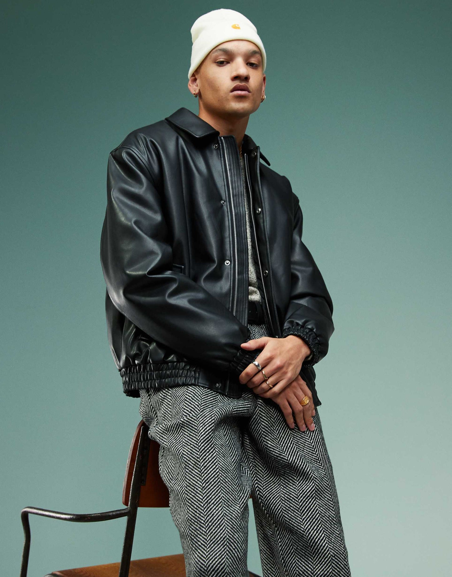 Faux Leather Oversized Wadded Harrington Jacket