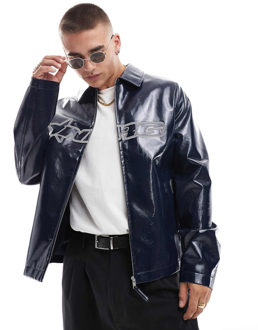 Faux Leather High Shine Harrington Jacket With Embroidery