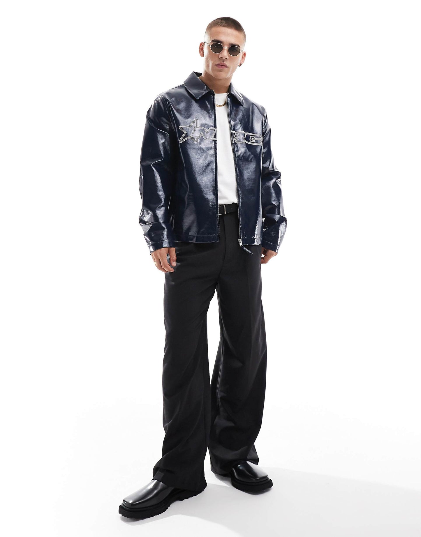 Faux Leather High Shine Harrington Jacket With Embroidery