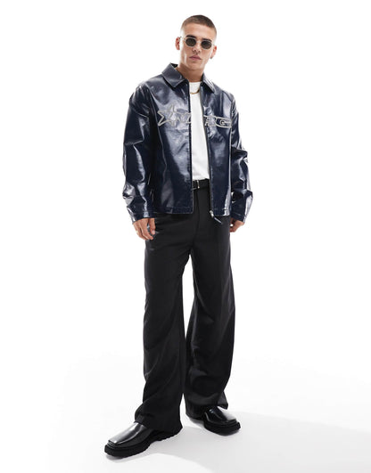 Faux Leather High Shine Harrington Jacket With Embroidery