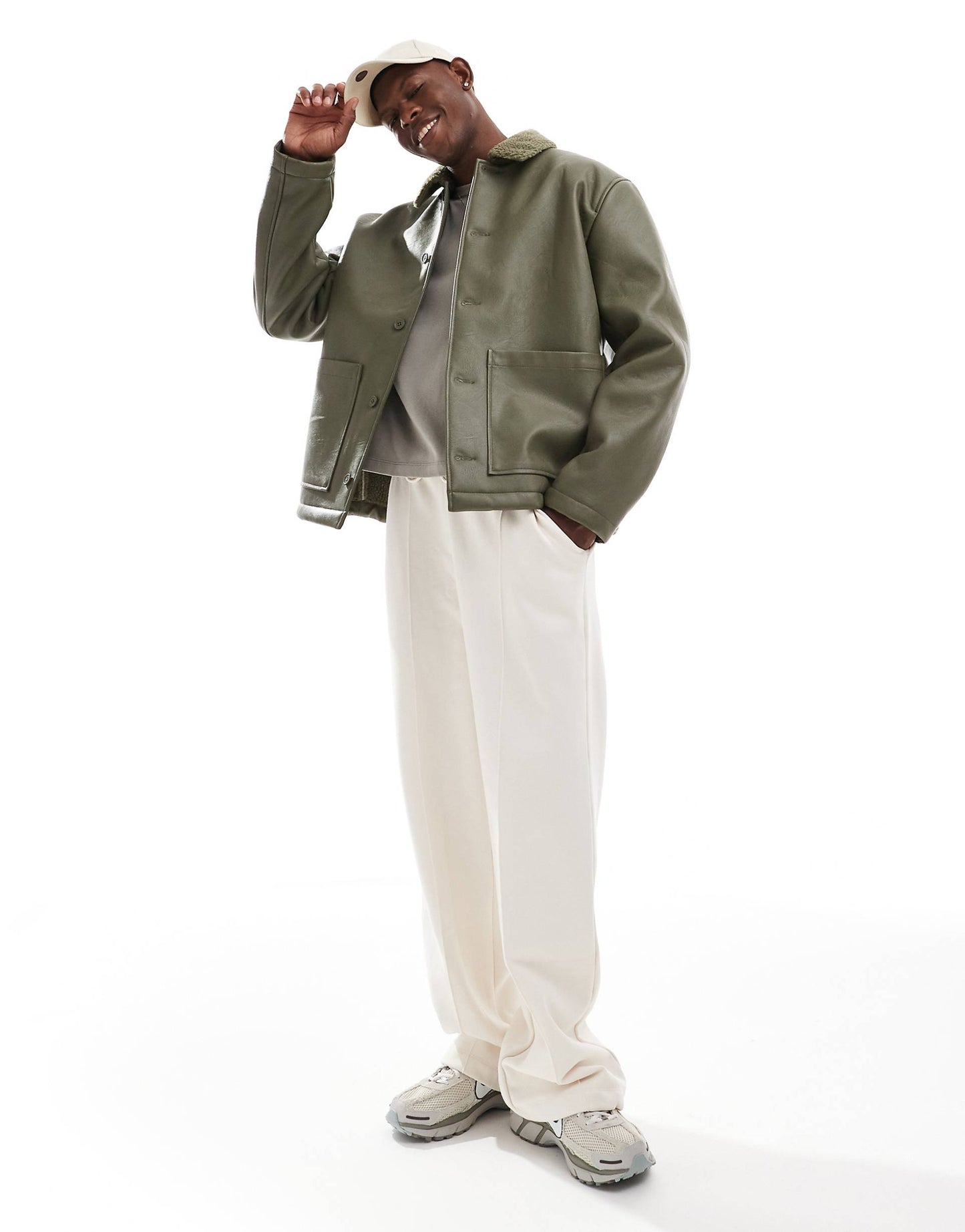 Faux Leather Oversized  Borg Lined Worker Jacket