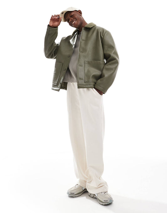 Faux Leather Oversized  Borg Lined Worker Jacket