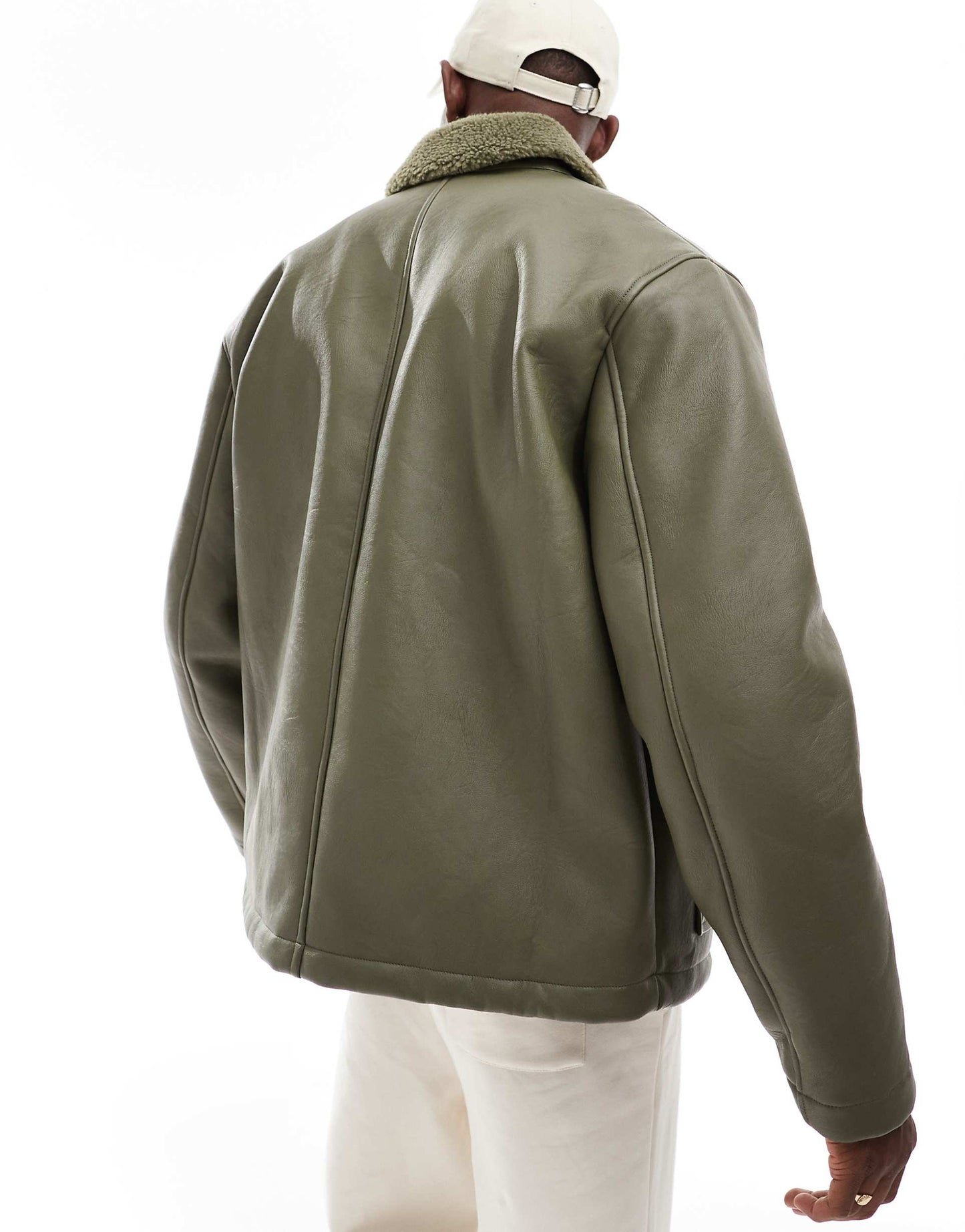 Faux Leather Oversized  Borg Lined Worker Jacket