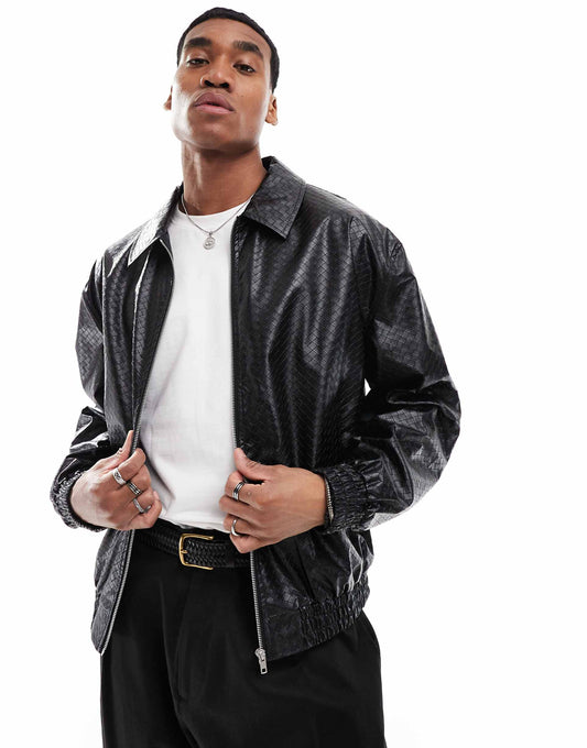 Faux Leather Oversized Textured Harrington Jacket