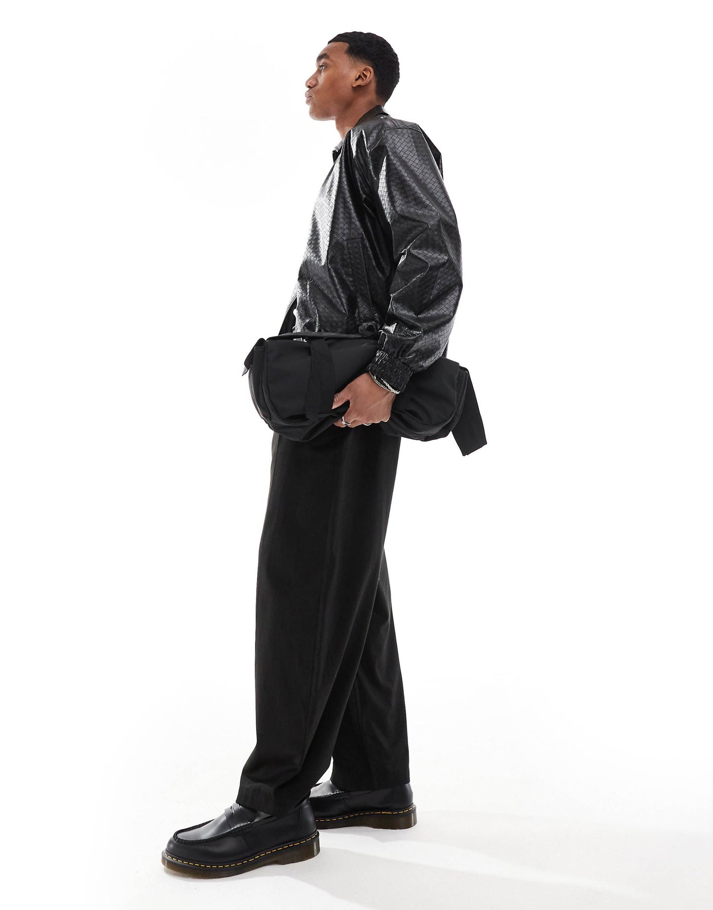 Faux Leather Oversized Textured Harrington Jacket