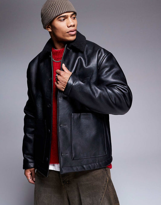 Faux Leather Oversized Borg Lined Worker Jacket