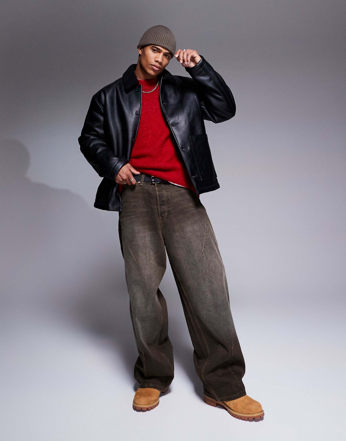 Faux Leather Oversized Borg Lined Worker Jacket