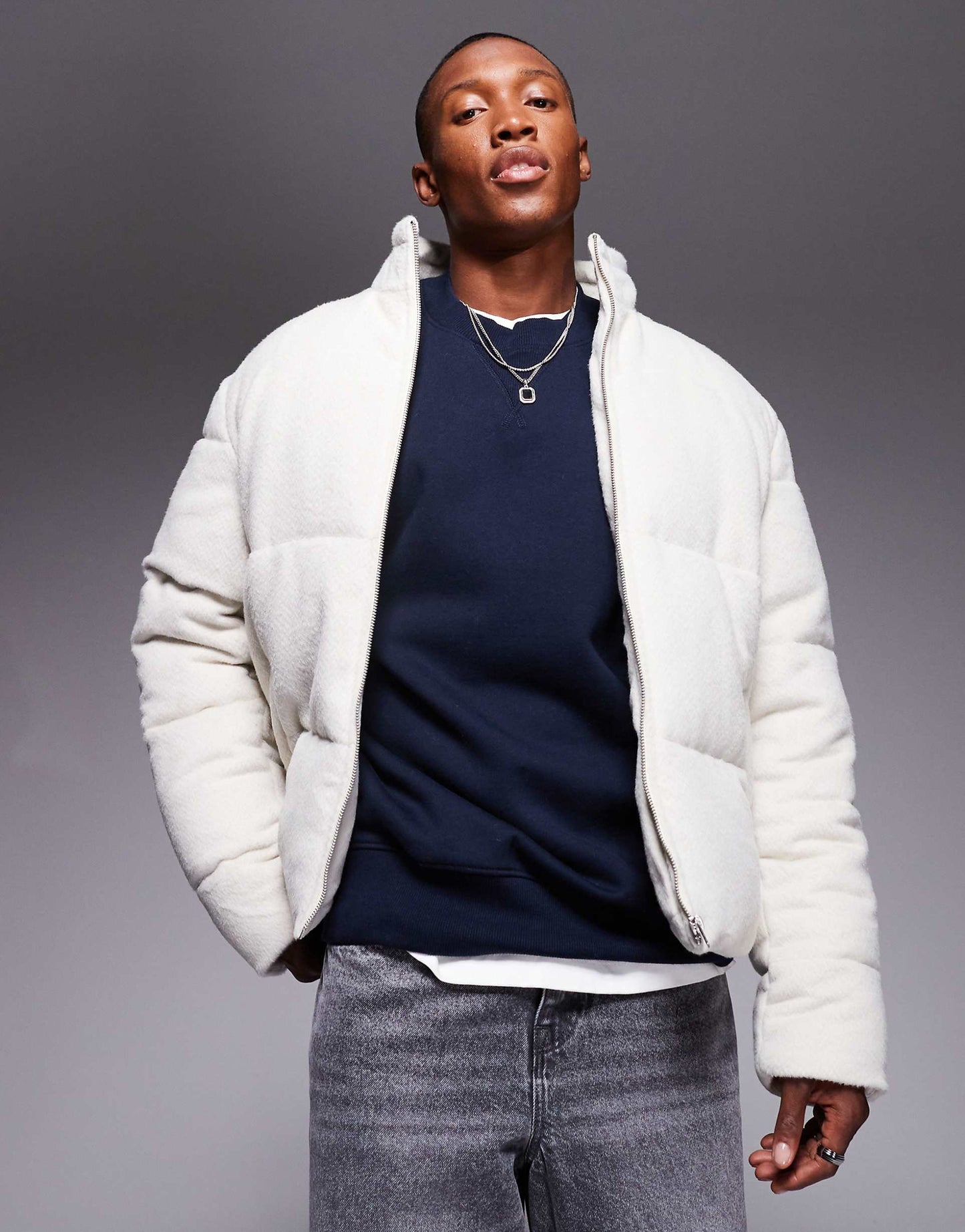 Textured Wool Look Puffer Jacket